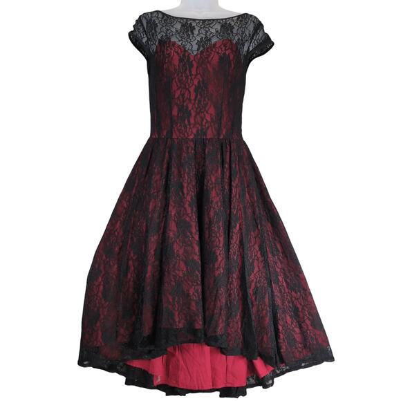 Chic Star Black Floral Lace Overlay Red Dress Sz 4 Bow High-Low Whimsigoth Goth - Picture 1 of 10
